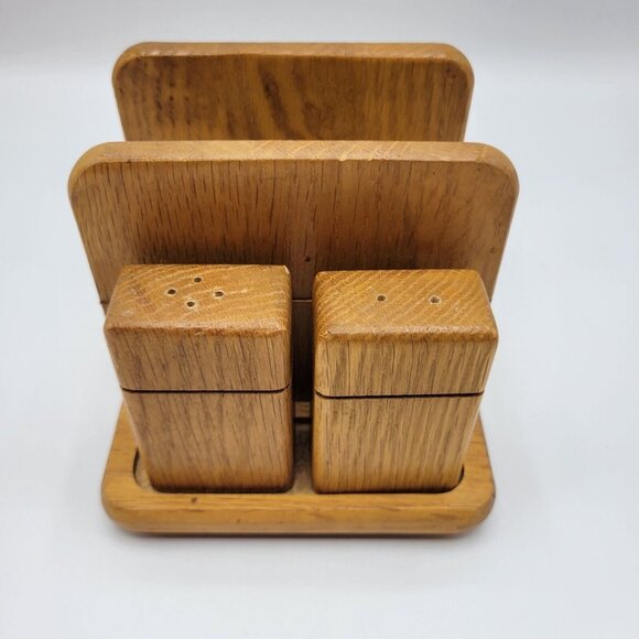 Vintage Kamenstein Wooden Salt & Pepper Shakers With Napkin Holder Thailand - Picture 7 of 12